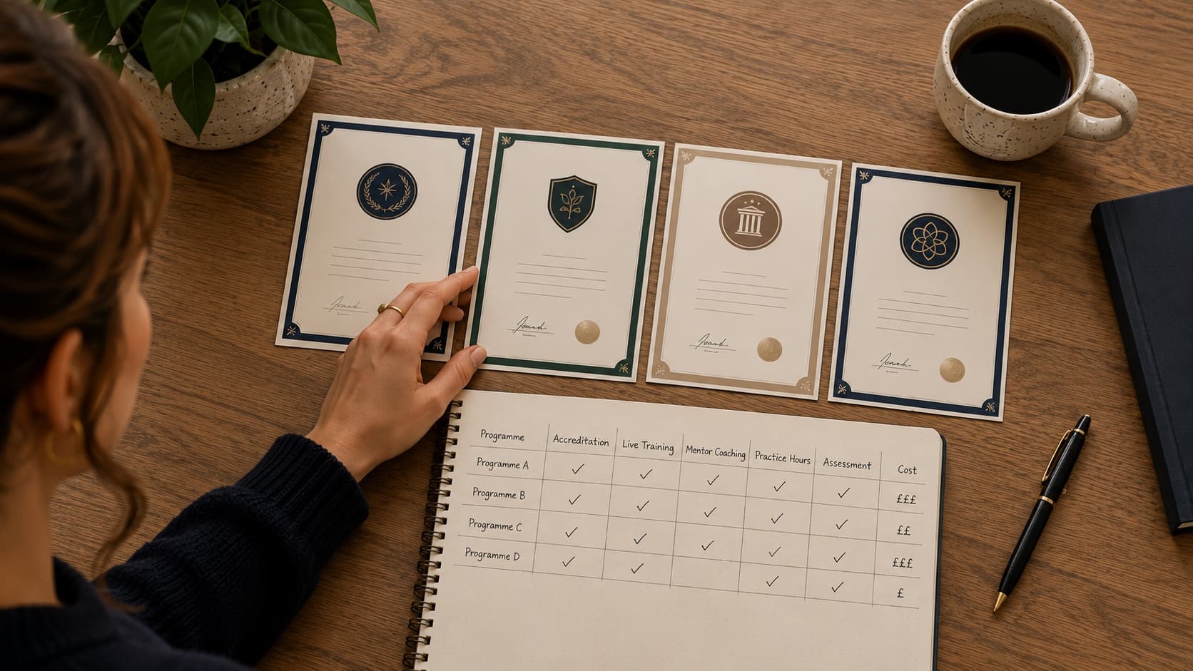 A prospective coach comparing accreditation options against a notebook comparison table of programmes