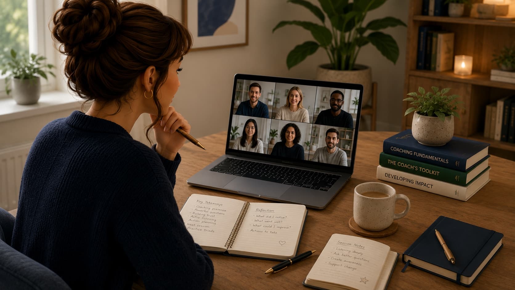 A trainee coach reviewing reflection notes during a live online cohort training session